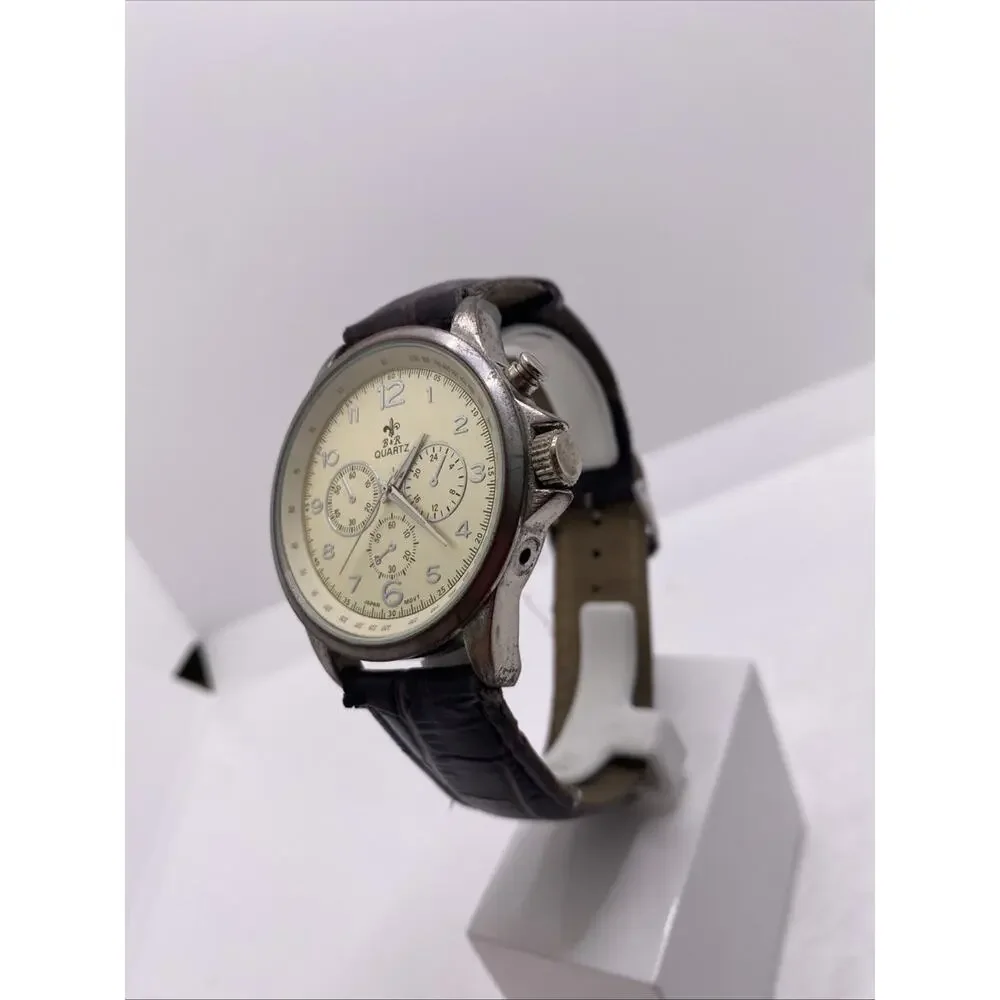Mens Vintage Worn Brown Leather Watch Works New Battery